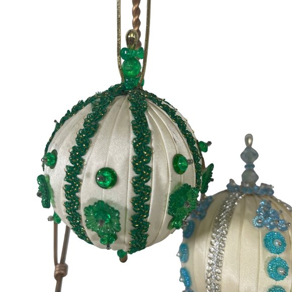 Vintage Beaded and Satin Wrapped Handmade Ornaments Set of 5 - Picture 4 of 6